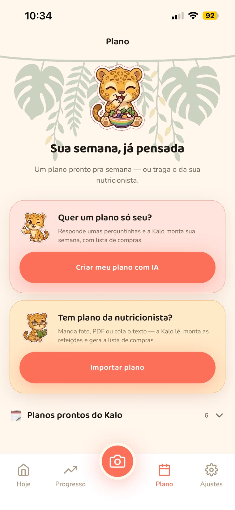Tela de plano semanal do OnKalo